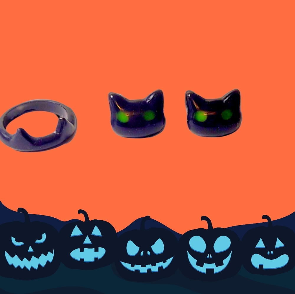 NEW Halloween Black Cat Earrings & Ring Set